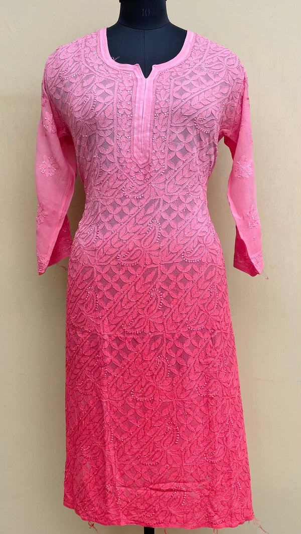 Lucknowi Chikankari Ombre Kurti Pink Pure Georgette With Resham Work