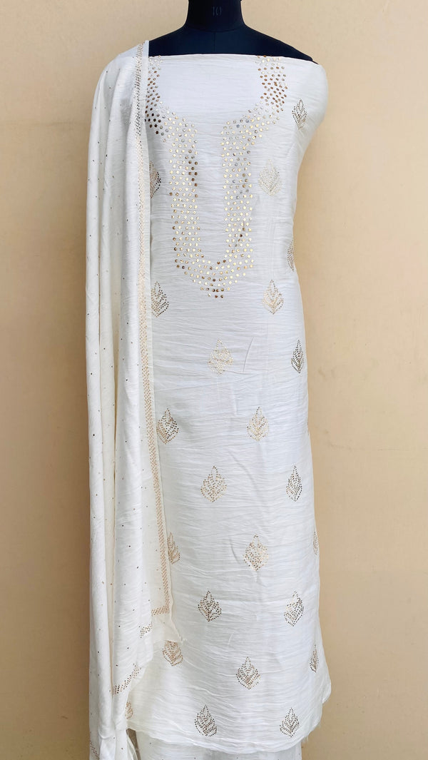 Lucknowi Chikankari Suit Length 2 Piece White Muslin With Mukaish Work