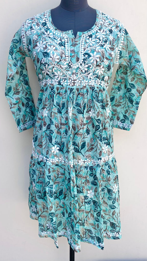 Lucknowi Chikankari Printed Kurti Sea Green Mulmul Cotton