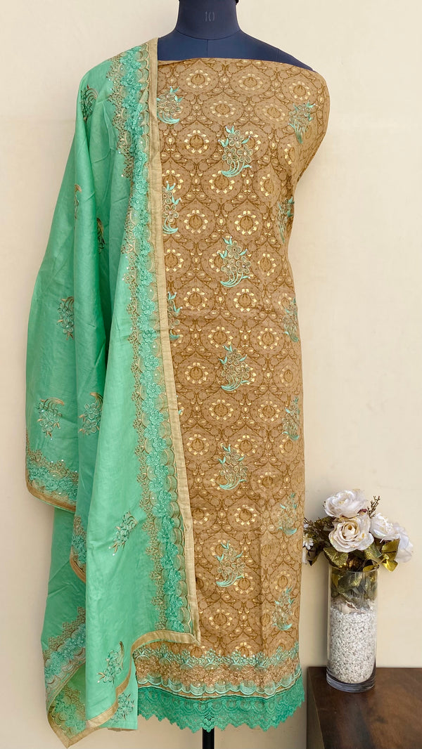 Designer Embroidered Suit Length 3 Piece Brown Mal Cotton