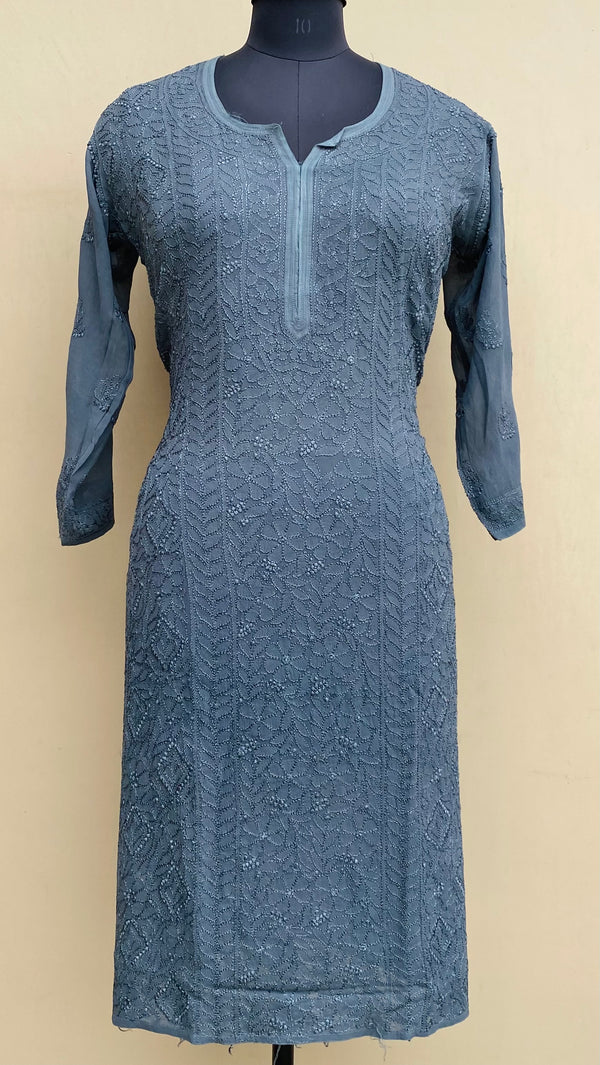 Lucknowi Chikankari Kurti Gray Pure Georgette With Resham Work