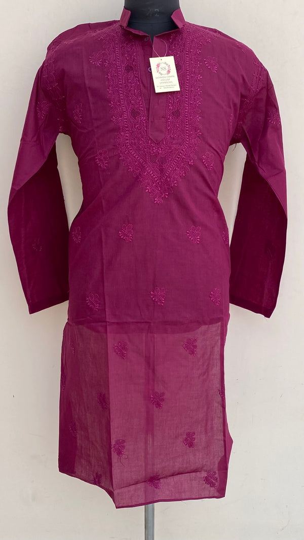 Lucknowi Chikankari Men’s Kurta Wine Cotton With Jaali Work