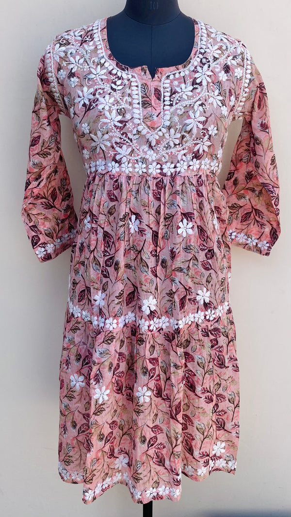 Lucknowi Chikankari Printed Kurti Pink Mulmul Cotton
