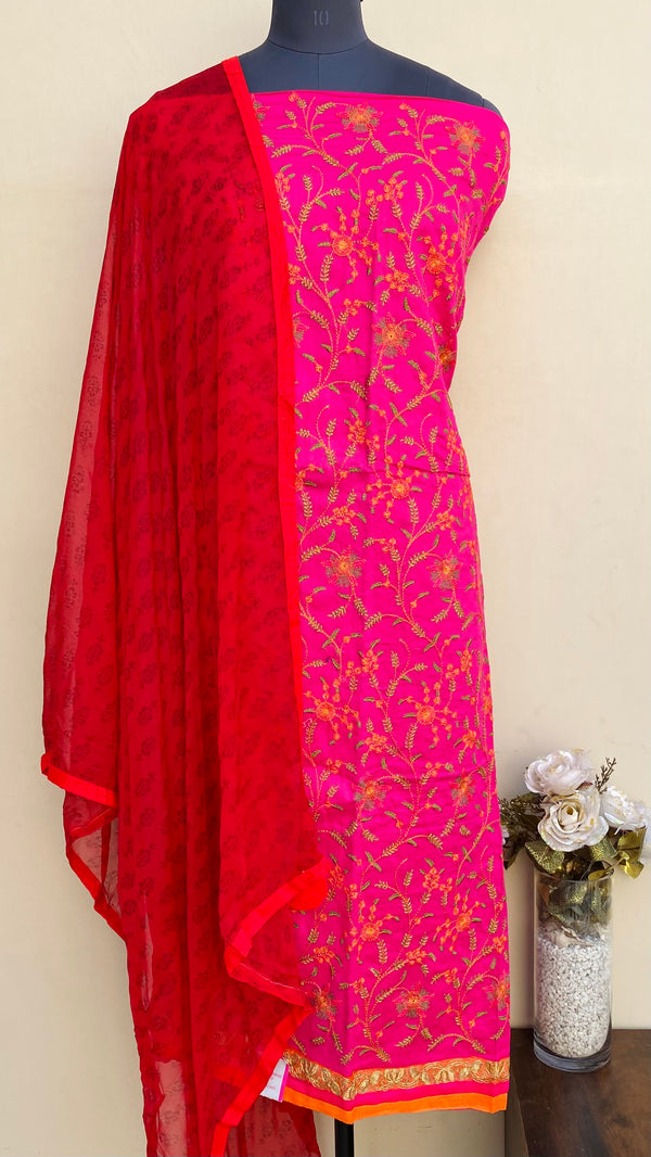 Designer Embroidered Suit Length 3 Piece Pink Mal Cotton