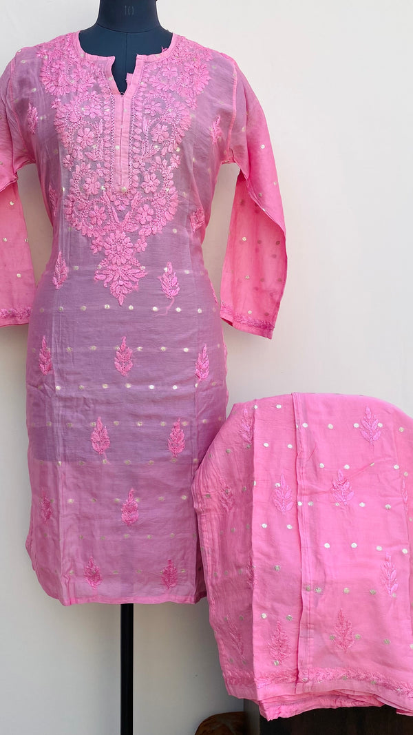 Lucknowi Chikankari Co-ord Set Pink Mal Chanderi With Self Work