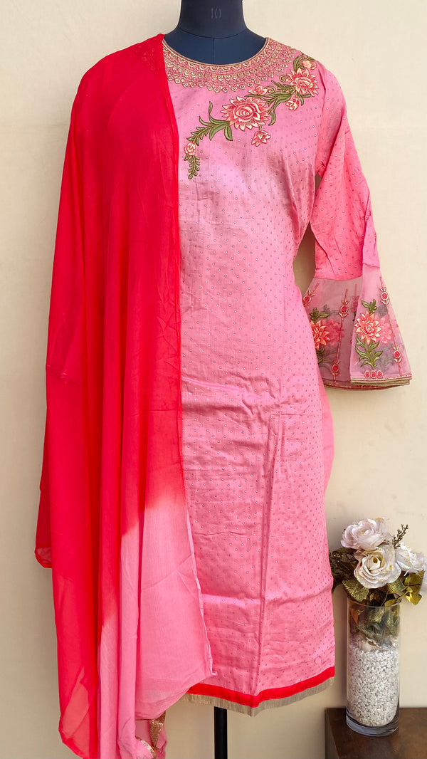 Designer Embroidered Suit Length 3 Piece Pink Mal Cotton