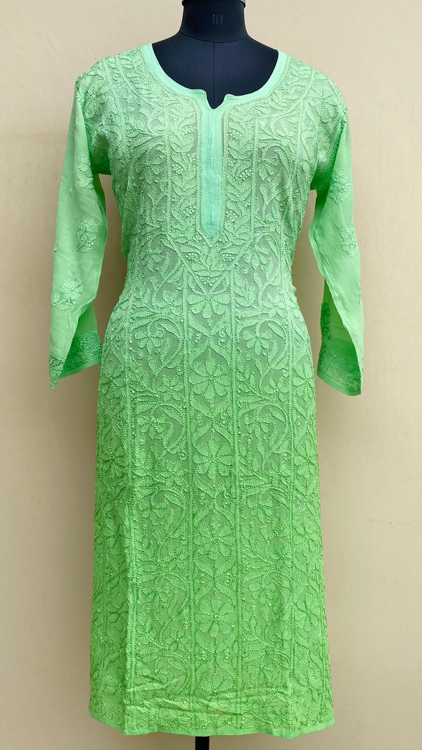 Lucknowi Chikankari Ombre Kurti Green Pure Georgette With Resham Work