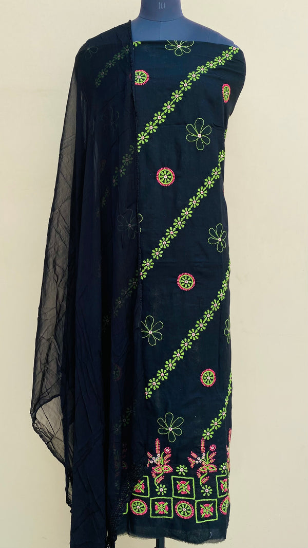 Lucknowi Chikankari Suit Length 3 Piece Black Cotton