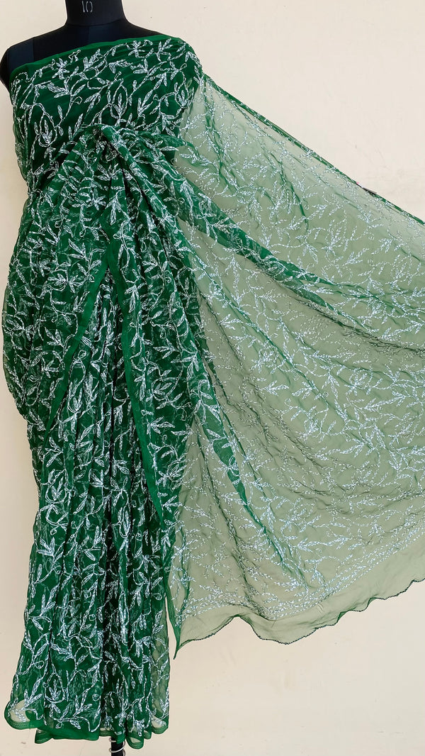 Lucknowi Chikankari Saree Green Georgette With Tepchi Work
