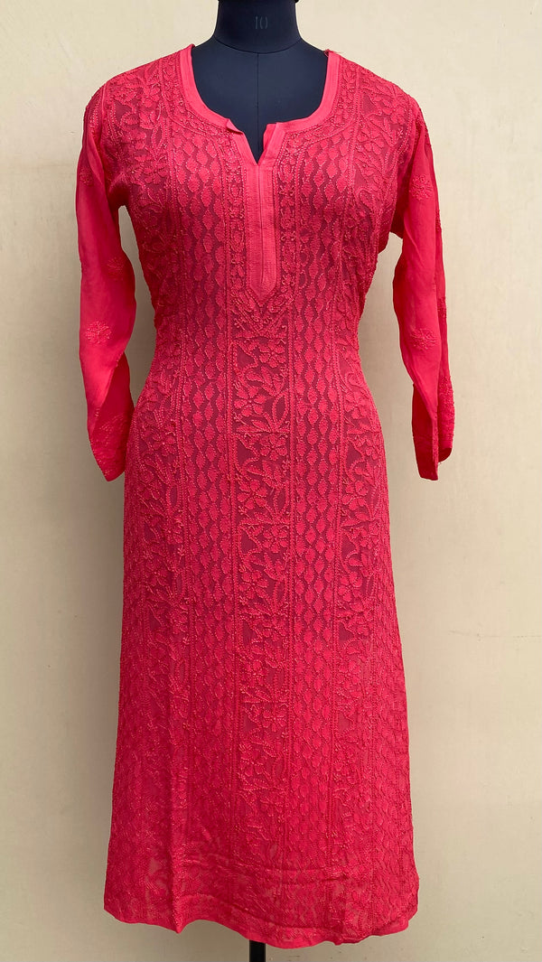 Lucknowi Chikankari Kurti Red Pure Georgette With Resham Work