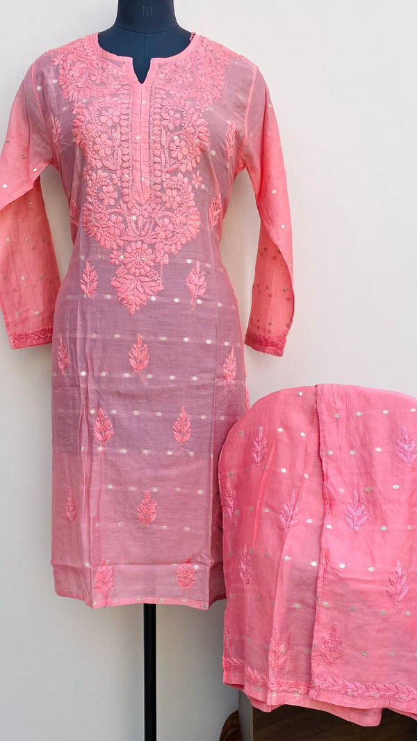 Lucknowi Chikankari Co-ord Set Pink Mal Chanderi With Self Work