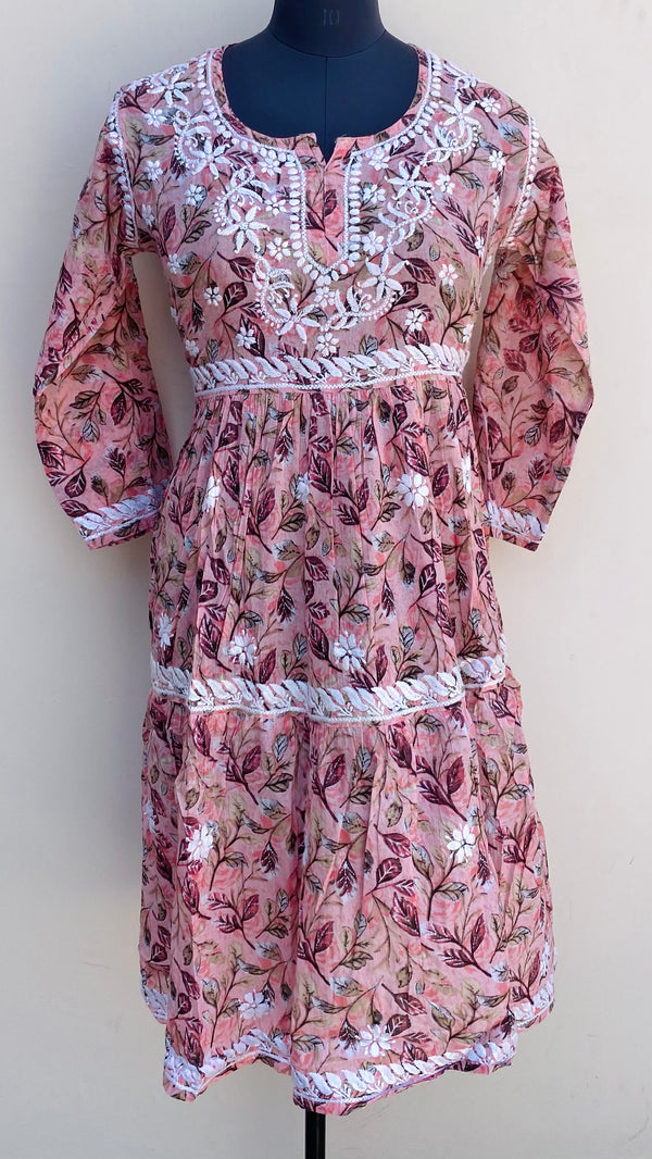 Lucknowi Chikankari Printed Kurti Pink Mulmul Cotton