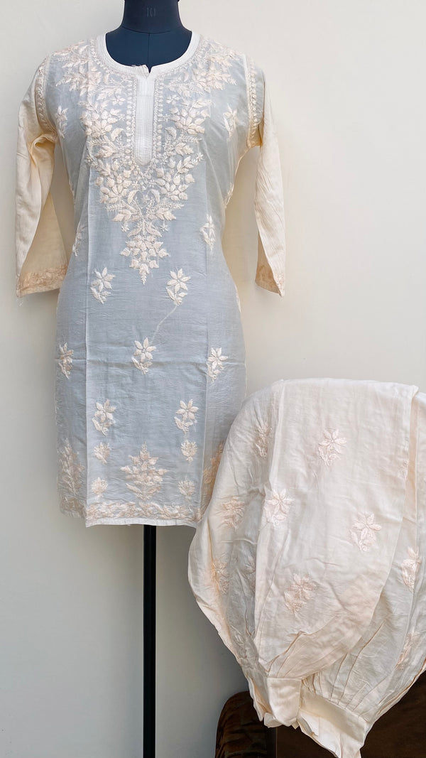 Lucknowi Chikankari Co-ord Set Cream Mal Chanderi With Self Work