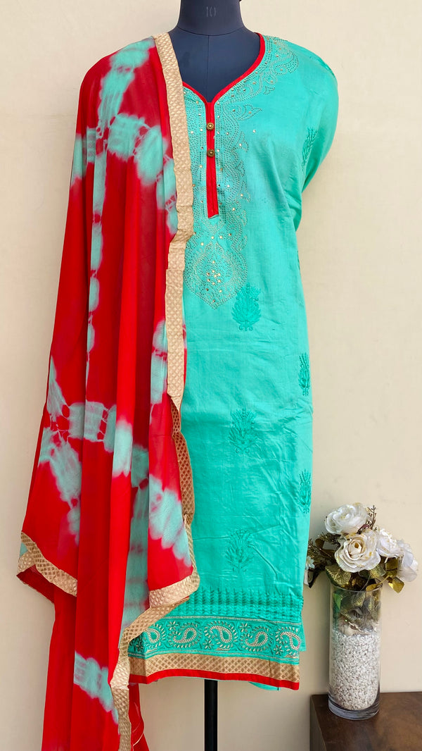 Designer Embroidered Suit Length 3 Piece Green Mal Cotton