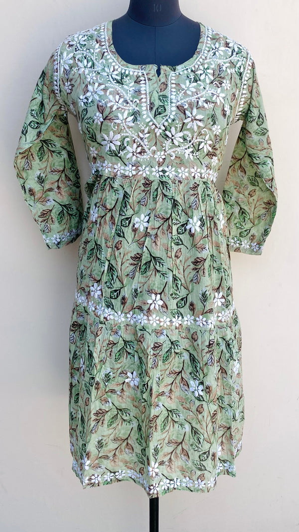 Lucknowi Chikankari Printed Kurti Green Mulmul Cotton