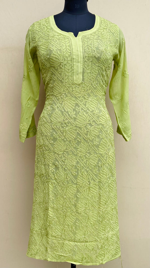 Lucknowi Chikankari Kurti Pista Green Pure Georgette With Resham Work