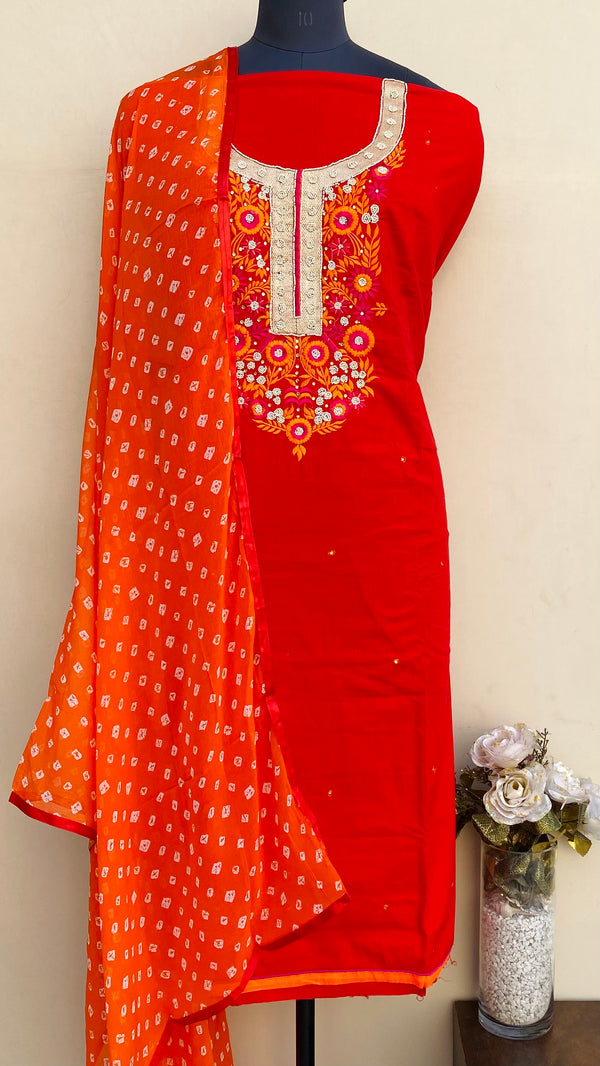 Designer Embroidered Suit Length 3 Piece Red Mal Cotton With Pearl Work