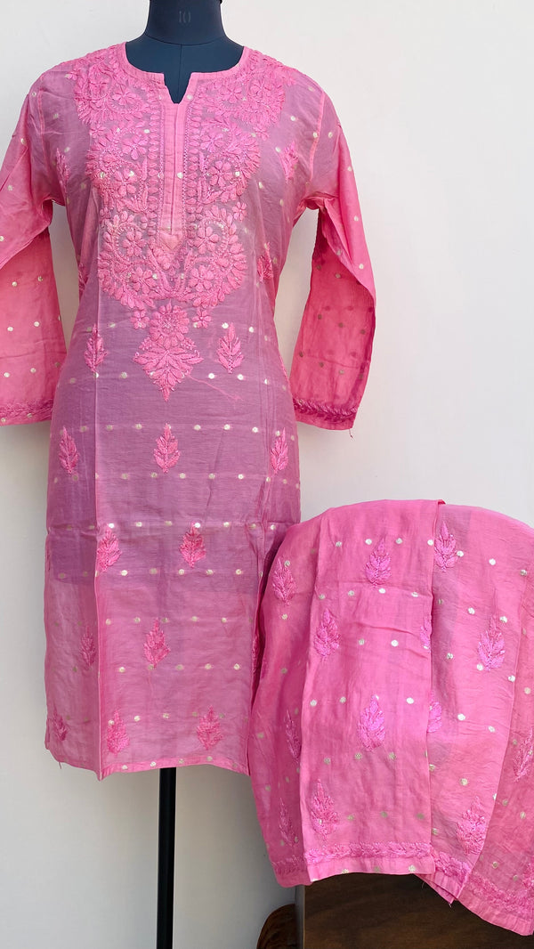 Lucknowi Chikankari Co-ord Set Pink Mal Chanderi With Self Work