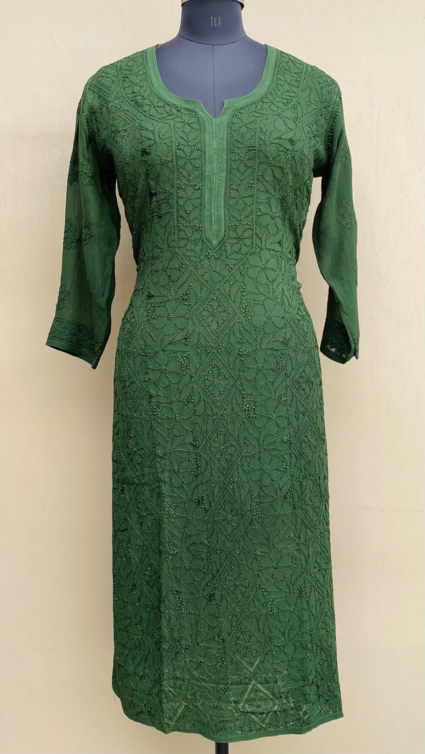 Lucknowi Chikankari Kurti Mehandi Green Pure Georgette With Resham Work