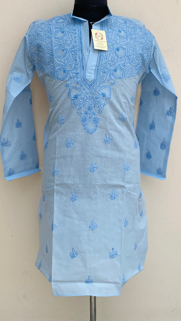 Lucknowi Chikankari Men’s kurta Blue Cotton With Jaali Work