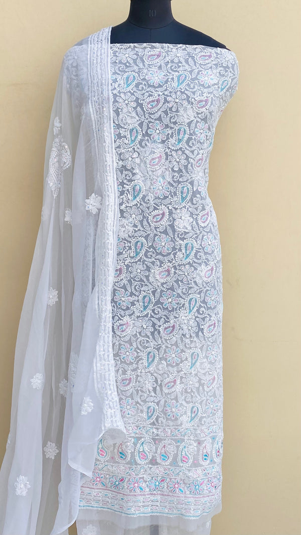 Lucknowi Chikankari Suit Length 3 Piece White Georgette With Sequence Work