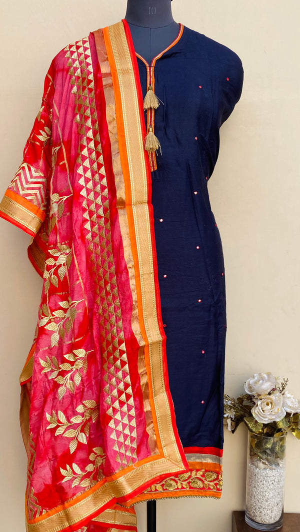 Designer Embroidered Suit Length 3 Piece Navy Blue Mal Cotton