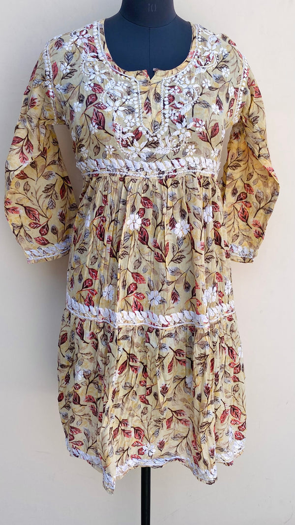 Lucknowi Chikankari Printed Kurti Yellow Mulmul Cotton