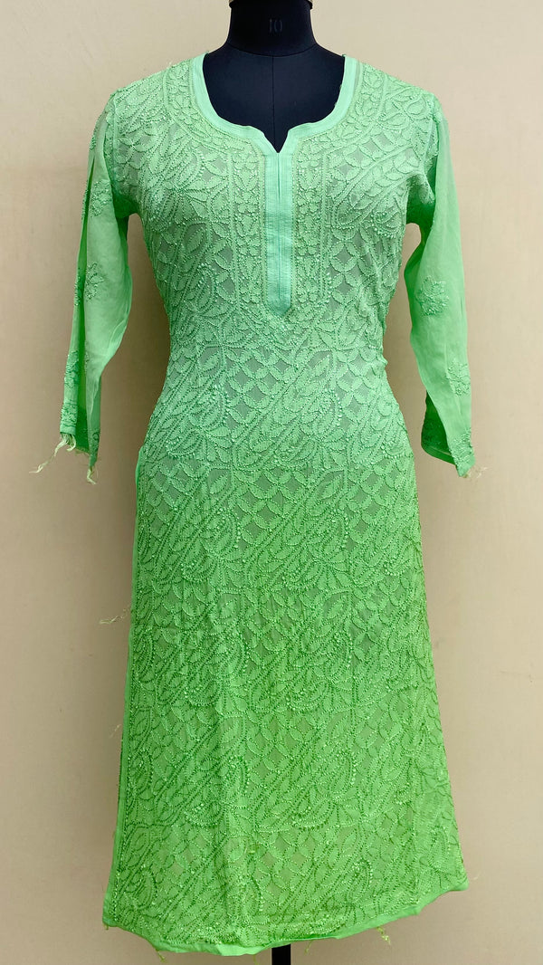 Lucknowi Chikankari Ombre Kurti Green Pure Georgette With Resham Work