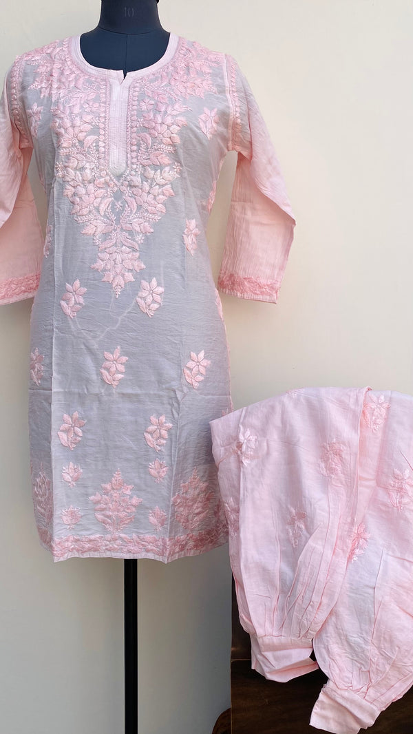 Lucknowi Chikankari Co-ord Set Baby Pink Mal Chanderi With Self Work