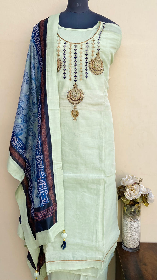 Designer Embroidered Suit Length 3 Piece Pista Green Mal Chanderi