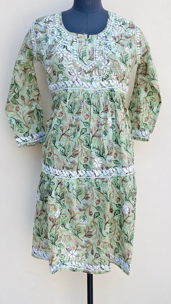 Lucknowi Chikankari Printed Kurti Green Mulmul Cotton