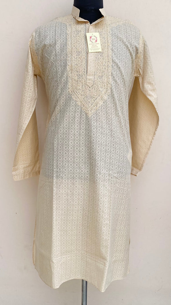 Lucknowi Chikankari Men’s Kurta Cream Cotton With Jaali Work