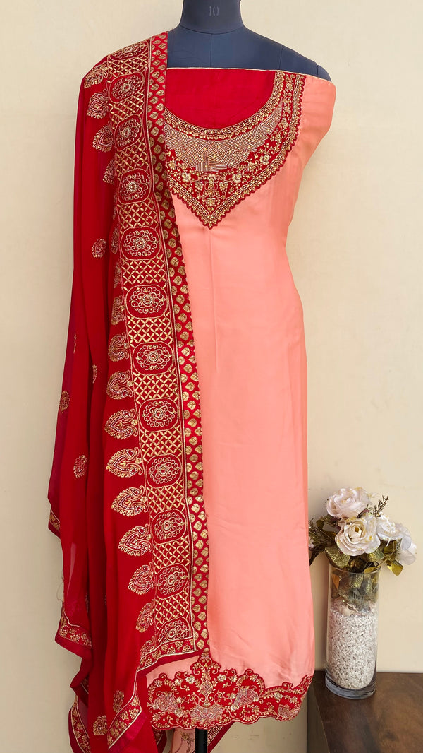 Designer Embroidered Suit Length 3 Piece Peach Crepe