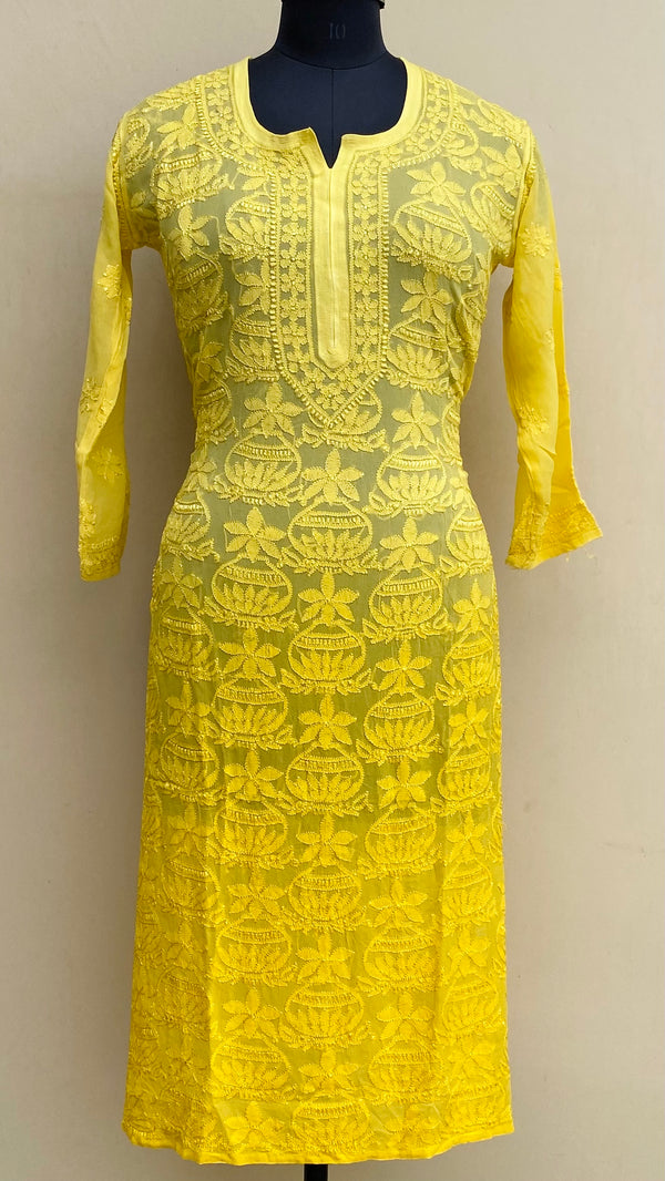 Lucknowi Chikankari Ombre Kurti Yellow Pure Georgette With Resham Work