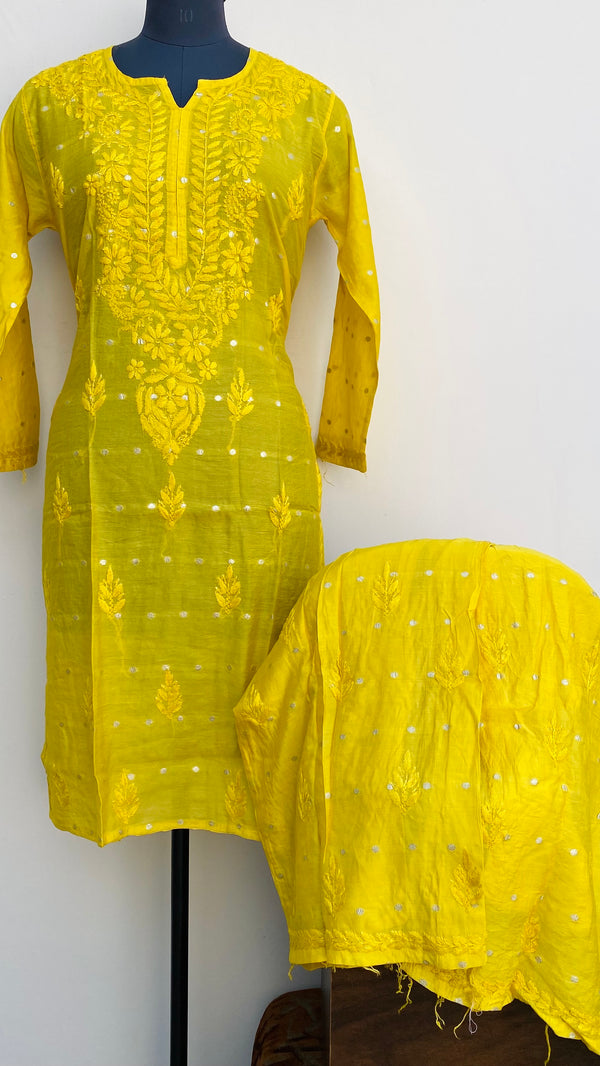 Lucknowi Chikankari Co-ord Set Yellow Mal Chanderi With Self Work