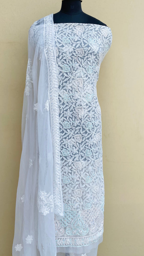 Lucknowi Chikankari Suit Length 3 Piece White Georgette With Sequence Work