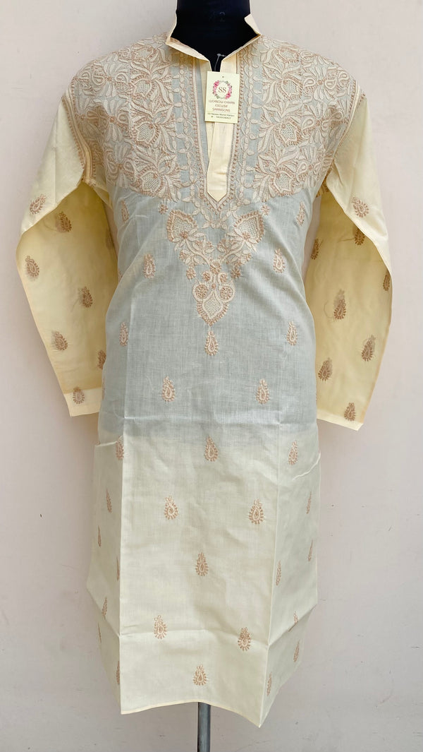 Lucknowi Chikankari Men’s Kurta Cream Cotton With Jaali Work