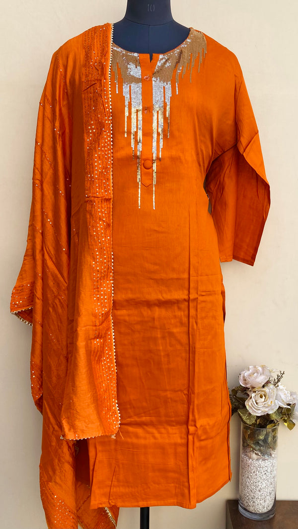 Designer Embroidered Suit Length 3 Piece Rust Muslin Cotton