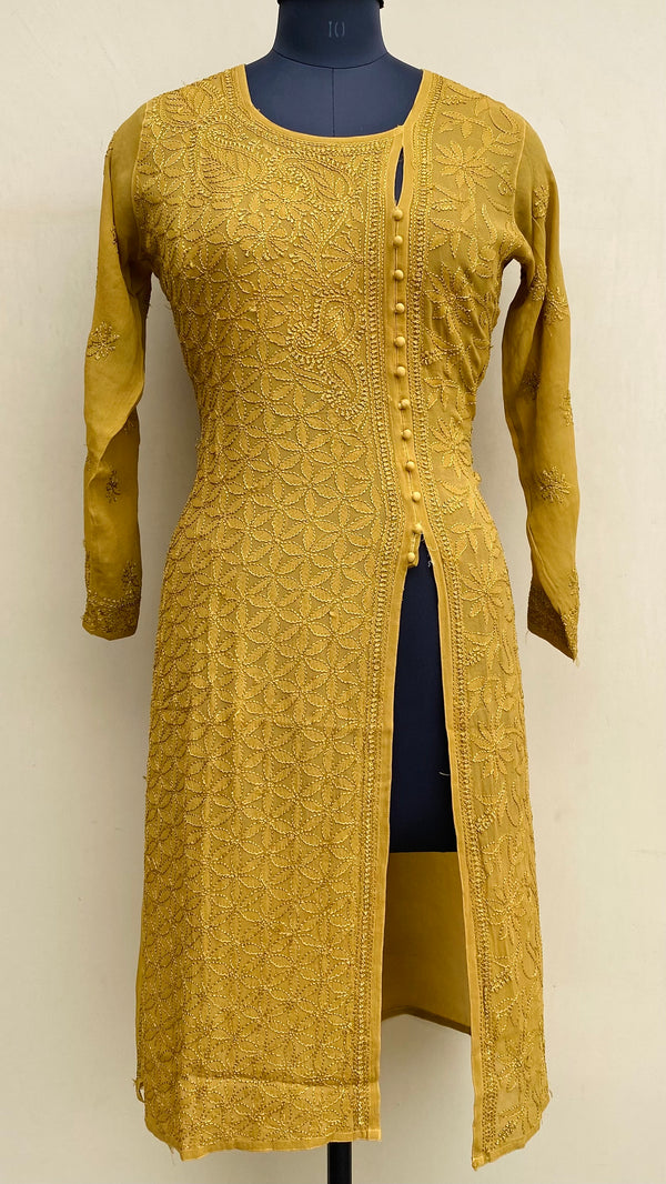 Lucknowi Chikankari Angrakha Kurti Mustard Pure Georgette With Resham Work