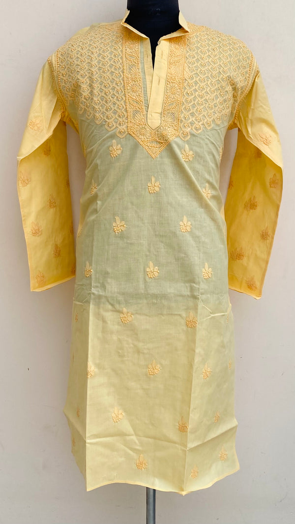 Lucknowi Chikankari Men’s Kurta Yellow Cotton With Jaali Work