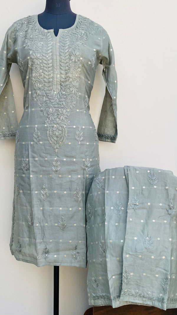 Lucknowi Chikankari Co-ord Set Gray Mal Chanderi With Self Work