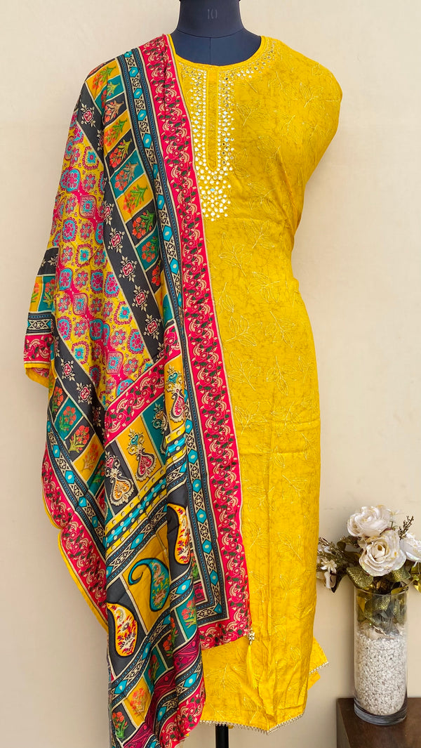 Designer Embroidered Suit Length 3 Piece Yellow Muslin Cotton With Mirror Work