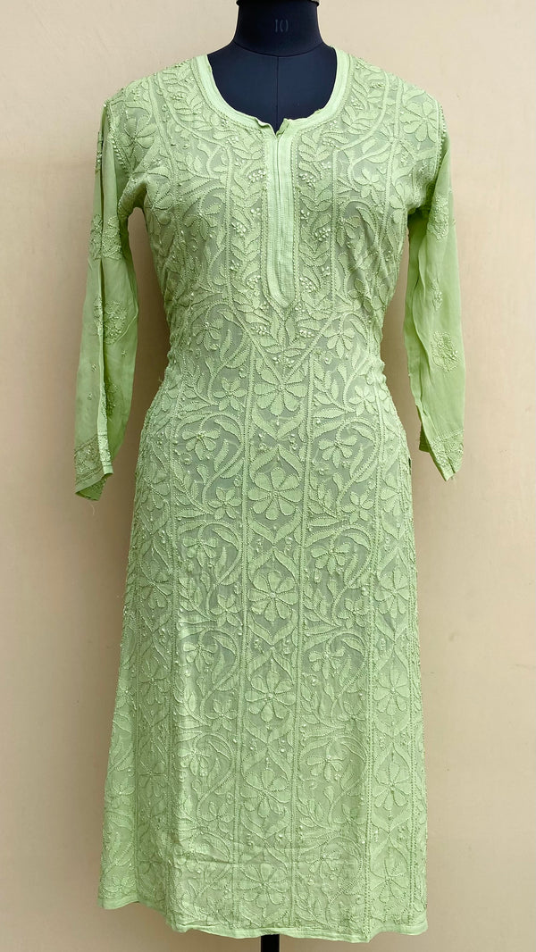 Lucknowi Chikankari Kurti Pista Green Pure Georgette With Resham Work