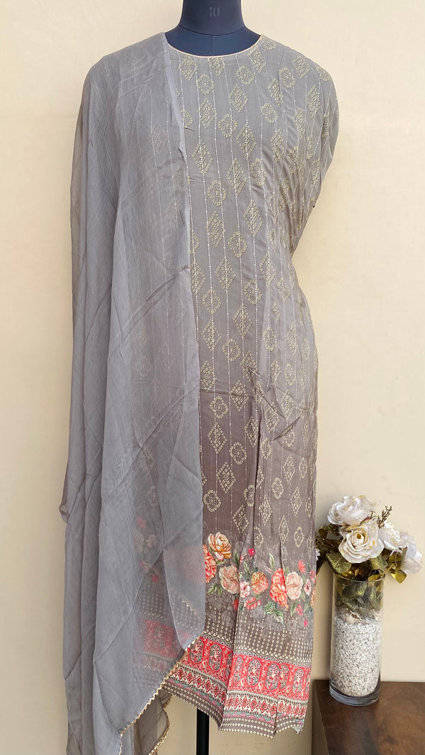 Designer Embroidered Suit Length 3 Piece Gray Muslin Cotton