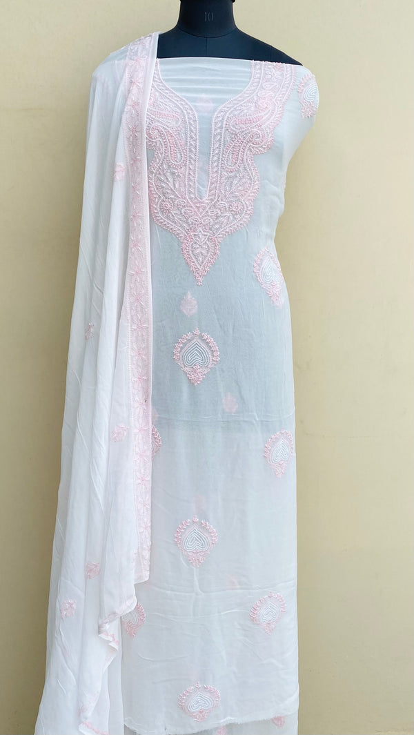 Lucknowi Chikankari Suit Length 2 Piece White Pure Georgette With Pearl Work