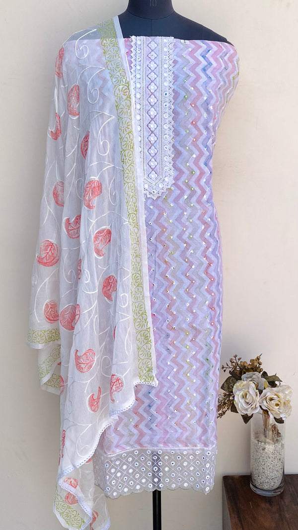 Designer Embroidered Suit Length 3 Piece White Kota