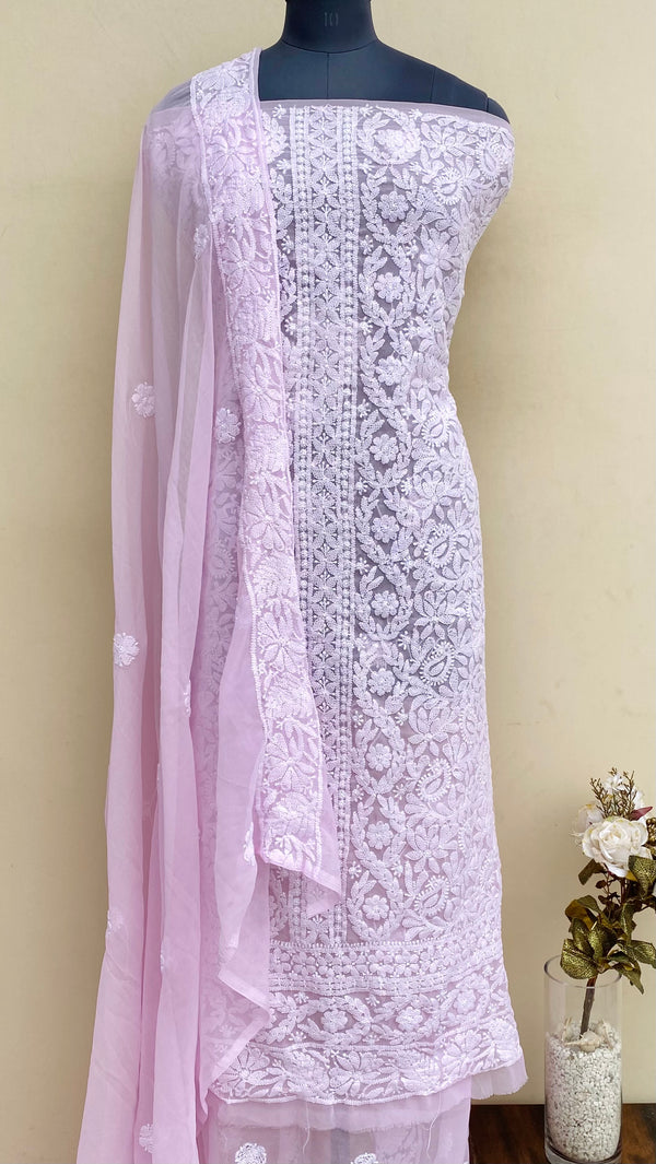 Lucknowi Chikankari Suit Length 3 Piece Pink Georgette