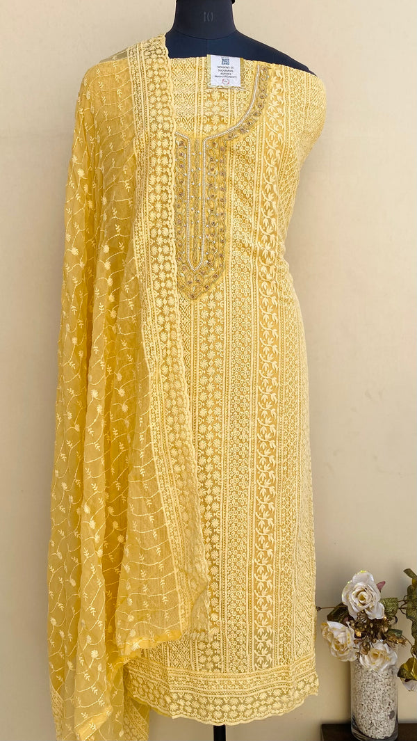 Chikankari Suit Length 3 Piece Yellow Georgette With Pearl, Cutdana & Stone Work