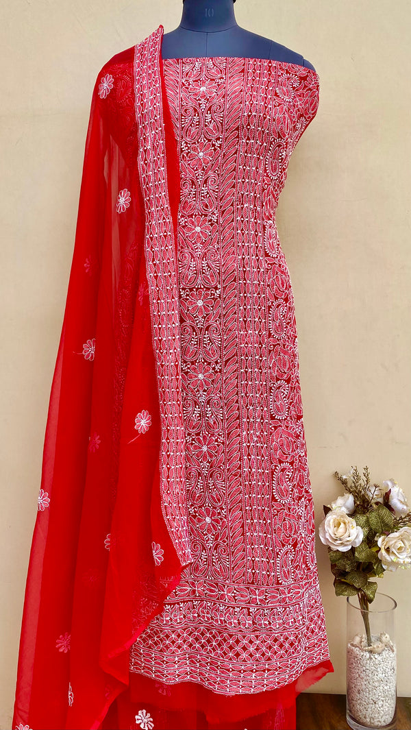 Lucknowi Chikankari Suit Length 3 Piece Red Georgette