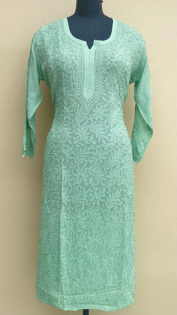 Lucknowi Chikankari Kurti Green Pure Georgette With Resham Work